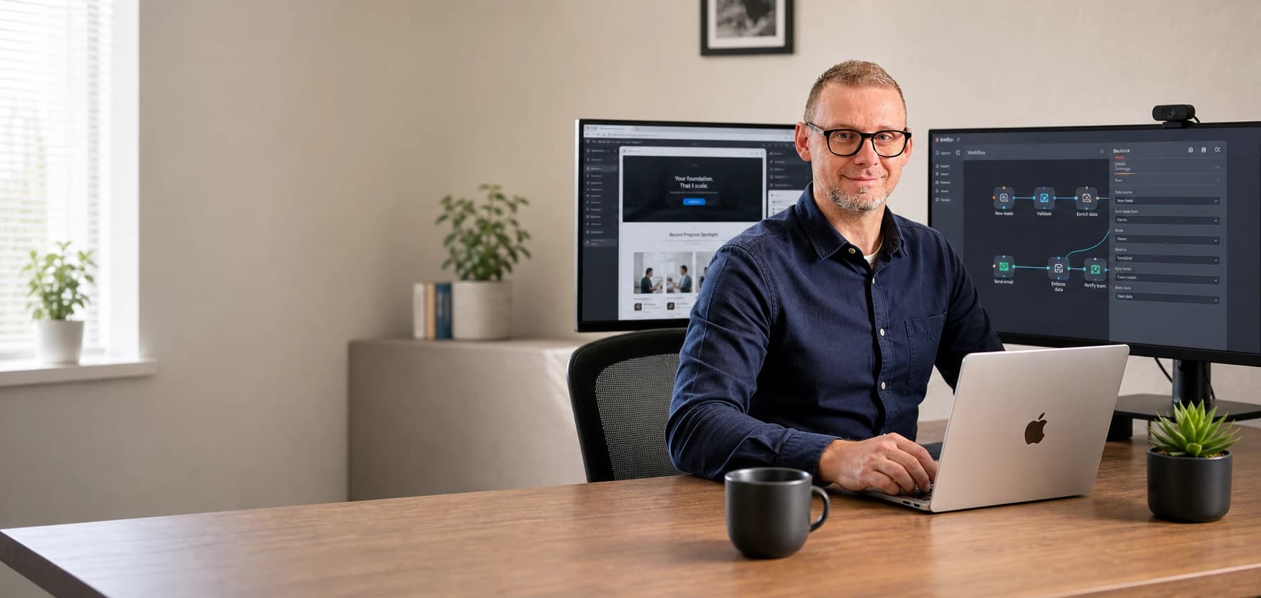 Alexander Burghart, Gründer FlowBrain, am Arbeitsplatz mit Laptop und zwei Monitoren — rechts ein n8n-Workflow, links ein FlowBrain-Dashboard